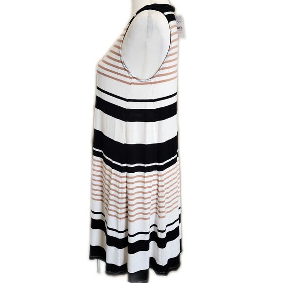 LOFT Outlet NWT white, tan, black striped dress, flowy & sleeveless, size M - Picture 2 of 8